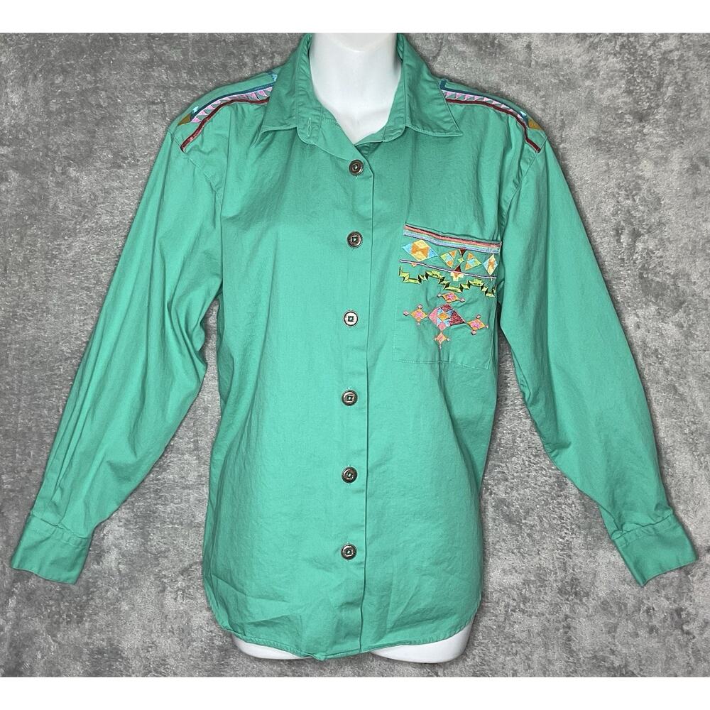Vintage I.B. Diffusion Womens Size 6 Teal Shirt Aztec Western 100% Cotton